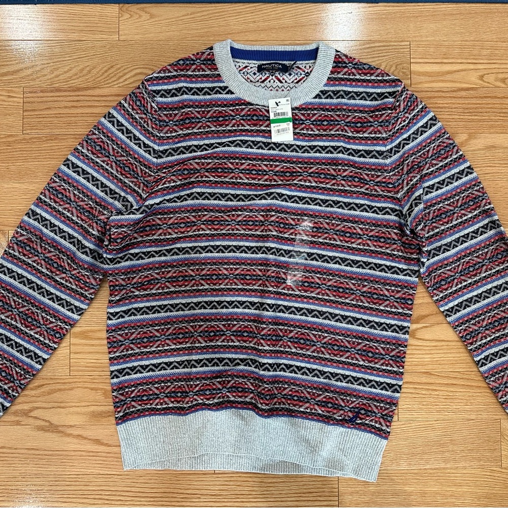 NWT-Nautica Men's 100% Cotton Patterned Heathered Trim Crewneck Pullover Sweater